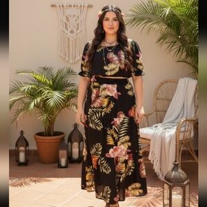 SHEIN Curve Tropical Floral 2PC Set - Crop Top & Tiered Maxi Skirt 2XL